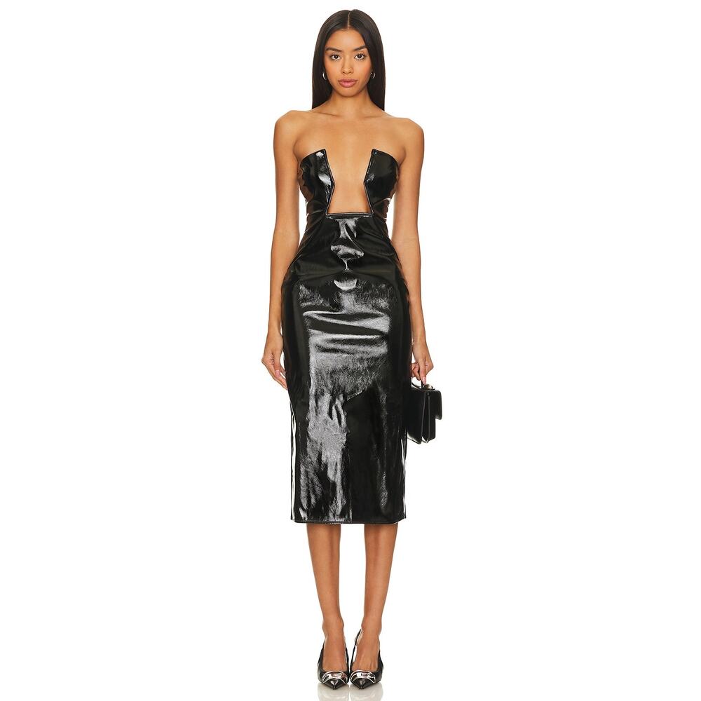 Superdown Julia Faux Leather Midi Dress Black Bust Cutout Glossy Strapless Sz XS